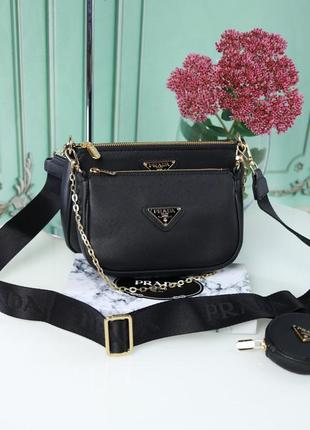 Брендова чорна сумочка 3 в 1 новинка в стилі прада люкс женская сумка бренд pochette leather