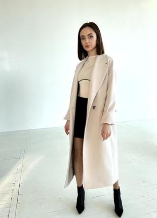 Актуальне люксове жіноче довге кашемірове пальто молочного кольору7 фото