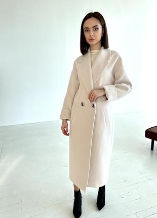 Актуальне люксове жіноче довге кашемірове пальто молочного кольору8 фото