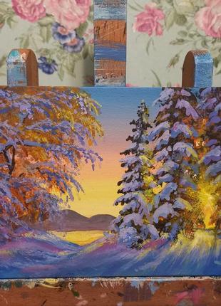 Картина-миниатюра ручной работы "рассвет в зимнем лесу"