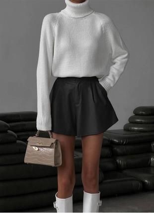 Кожаные шорты мини чёрная шорты юбка коричневая бежевая экокожа шкіра на осень