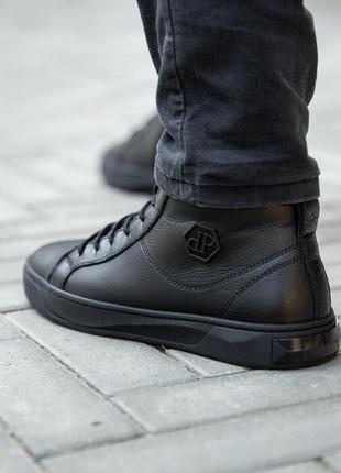 Стильные кроссовки,спортивные ботинки мужские кожаные черные зимние кожа мех (зима 2022-2023)6 фото