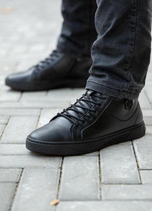 Стильні кросівки,спортивні черевики чоловічі шкіряні чорні зимові шкіра хутро (зима 2022-2023)