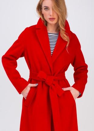 Пальто - халат женское классическое, миди, шерстяное, демисезонное, деми, весеннее, осеннее, красное1 фото