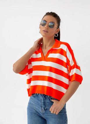 Женская оранжевая короткая полосатая футболка поло свободного кроя s