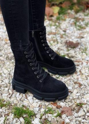 Замшевые черные демисезонные/ зимние  женские  ботинки берцы на грубой тракторной подошве с протекторами  36 37 38 39  40 41 размер2 фото