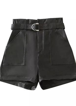 Шорты женские кожаные чёрные с эко кожи стильные модные красивые m s
