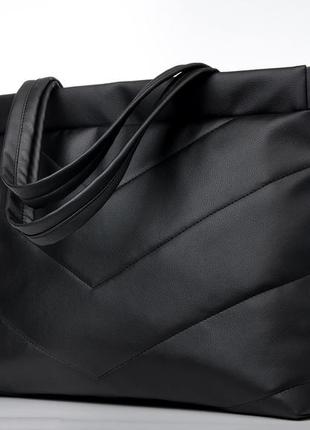 Жіноча велика сумка sambag shopper строчена чорна8 фото