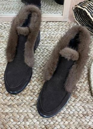 Шоколадні пухнасті черевики norka 🐀 хутро норка натуральнйи замш шкіра зима демі2 фото