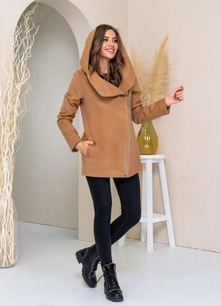 Кашемір жіноче пальто демісезон беж кемел коричневий выше колен с капюшона