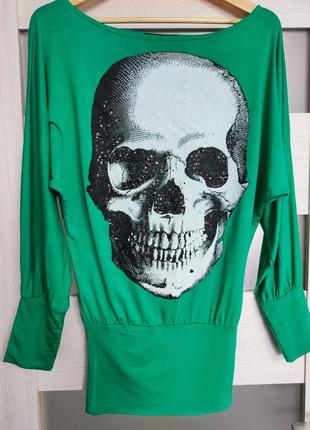Кофточка блуза реглан трикотаж зелена з черепом