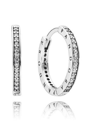 Серебрянные серьги кольца паве логомания пандора серебро 925 pandora сережки