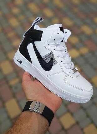 Женские черно белые зимние кроссовки paint nike force найк форс зима с мехом