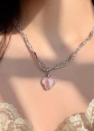 Колье цепочка подвеска сердце розовае хрустальное сердечко1 фото