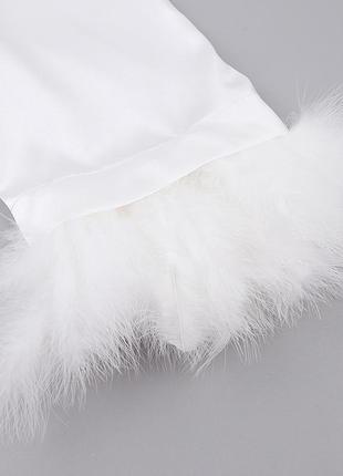 Халат жіночий атласний з пір'ям. халат шовковий короткий весільний халат нареченої. пеньюар, розмір s (білий)4 фото