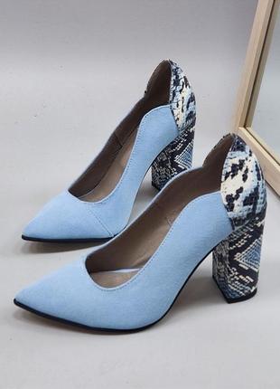 Голубые комбинированные туфли wave🌷с фигурными вырезами натуральная кожа замш питон2 фото
