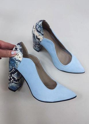 Голубые комбинированные туфли wave🌷с фигурными вырезами натуральная кожа замш питон