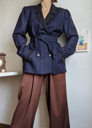 Жакет англия винтажный пиджак пальто с поясом шерсть синее в полоску m l ретро3 фото