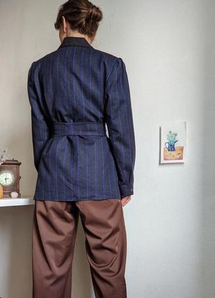 Жакет англия винтажный пиджак пальто с поясом шерсть синее в полоску m l ретро5 фото