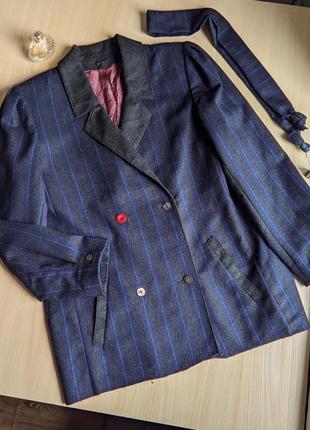 Жакет англия винтажный пиджак пальто с поясом шерсть синее в полоску m l ретро1 фото