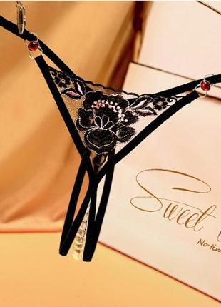 Трусики с жемчугом эротические черные "роза" - размер универсальный, резинка до 82см