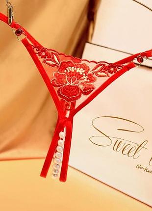 Трусики с жемчугом эротические красные "роза" - размер универсальный, резинка до 82см