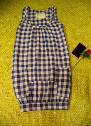 Льняний сарафан балахон в клітку з великими кишенями