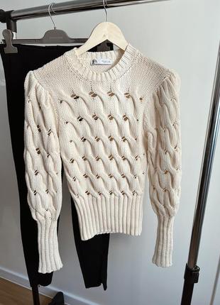Стильний в’язаний котоновий светр з об’ємними рукавами фірми zara
