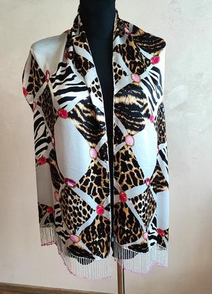 Раскошный шелковый шарф в леопардовый принт 159х40 см, шарф шёлк с кисточками из бисера