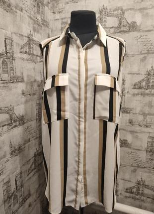 Молочна блуза з полосками чорна та коричнева  безрукав