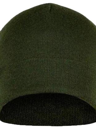 Подвійна зелена в'язана шапка з відворотом (утеплена)2 фото