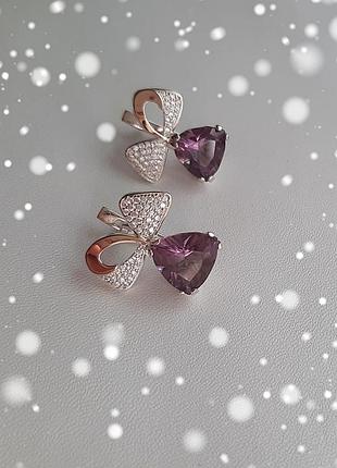 🛍 серьги серебро с золотом бант бантик фианит сиреневый
