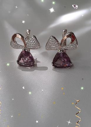 🛍 серьги серебро с золотом бант бантик фианит сиреневый