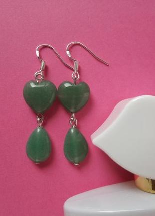 Зеленые серьги москино серьги сердечки серебряные серьги капли серебро нефрит серьги из нефрита3 фото