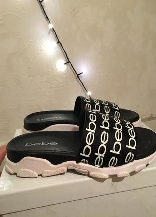 Шлёпанцы bebe сша 36 размер шлепки обувь женские черные с белым4 фото