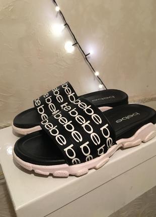 Шлёпанцы bebe сша 36 размер шлепки обувь женские черные с белым6 фото
