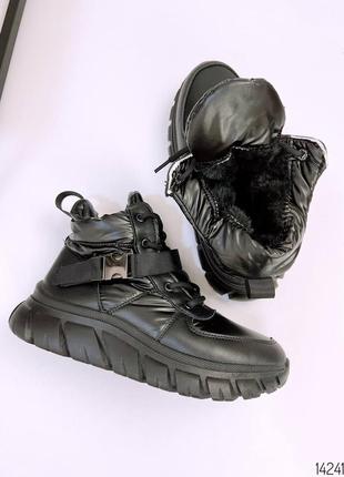 Черные кожаные зимние дутики высокие кроссовки спортивные ботинки на массивной платформе зима2 фото
