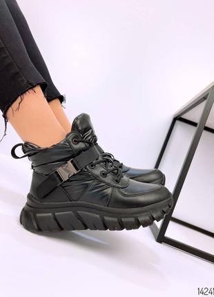 Черные кожаные зимние дутики высокие кроссовки спортивные ботинки на массивной платформе зима7 фото