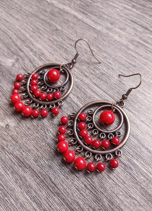 Етнічні українські червоні великі об'ємні сережки коралі під корал вишиванку колір мідь
