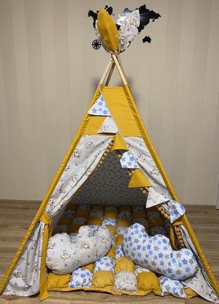 Детская палатка - вигвам «желтый летчик» от 3 лет 100% коттон матрасик (бомбон) + 2 подушки, флажки, текстильная гирлянда