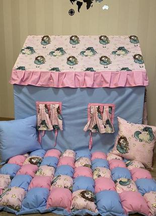Детский домик - палатка «принцесса в бирюзе» от 3 лет 100% коттон матрасик (бомбон) + 2 подушки, 2 окошка,