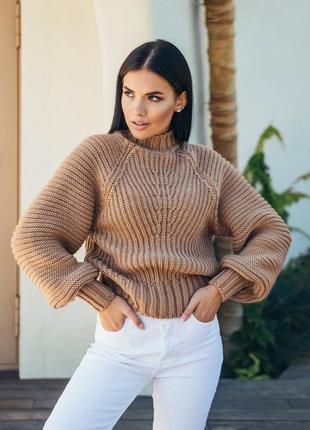 Теплий шерстяний светр в'язаний з об'ємними рукавами свитер шерстяной