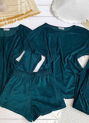 Велюровий костюм рубчик для дому та сну, шорти футболка кофта штани, велюрова піжама в рубчик