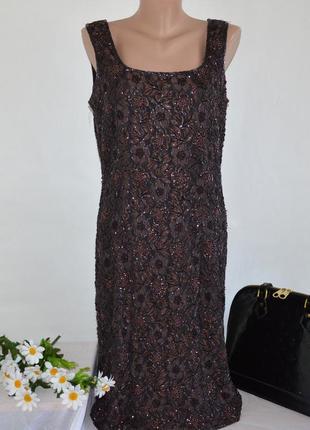 Брендовое черно-коричневое нарядное вечернее миди платье frank usher бисер паетки вискоза1 фото