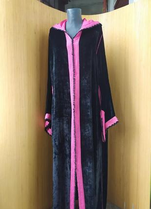 Довге плаття / сукня натуральний бархат  у етно стилі з капюшоном  / абая/ галабея / кафтан