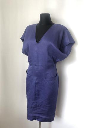 Genny синее васильковое льняное  платье лён миди платьице футляр old money винтаж ретро