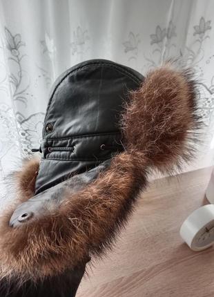 Шапка натуральная песец, кожа натуральная мужская шапка теплая