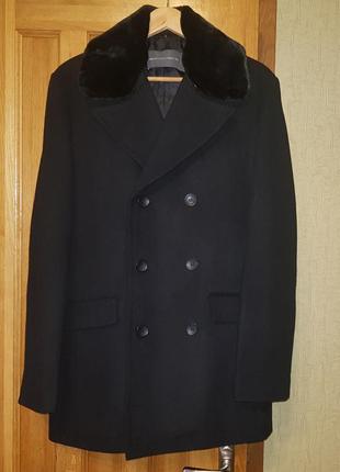 French connection двобортне пальто з вовняної суміші з хутряним коміром4 фото