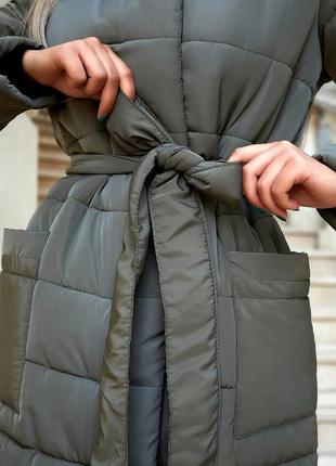 Зимова куртка жіноча плащівка на силіконі нижче колін пальто зимнее женкское хакі хаки2 фото