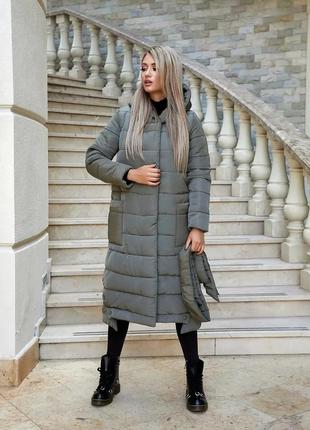 Зимова куртка жіноча плащівка на силіконі нижче колін пальто зимнее женкское хакі хаки4 фото